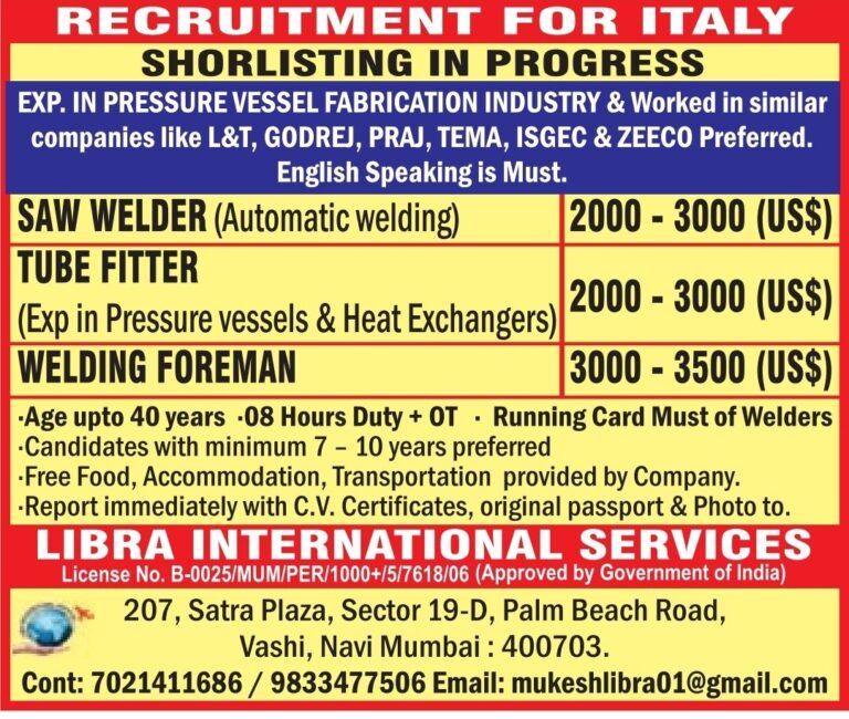 Italy Job Vacancy - Urgent Hiring at Libra International Services 4 Italy Job Vacancy – Urgent Hiring at Libra International Services