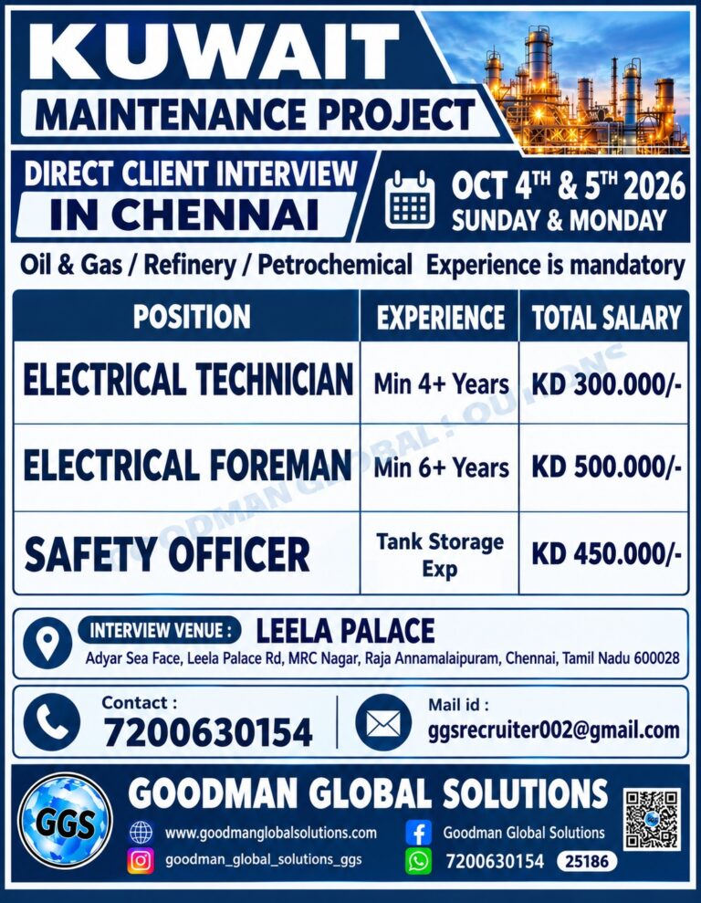Kuwait Maintenance Project Jobs – Direct Client Interview in Chennai