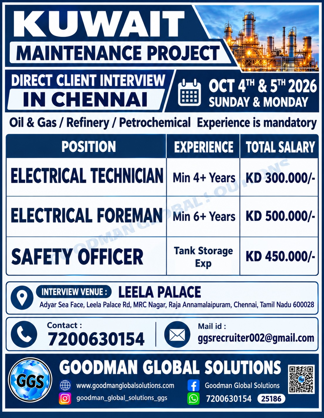 Kuwait Maintenance Project Jobs – Direct Client Interview in Chennai