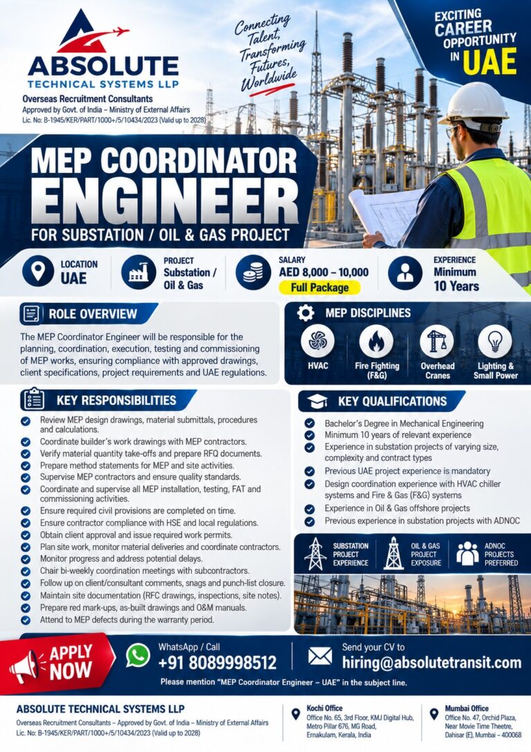 MEP Coordinator Engineer Jobs in UAE - Absolute Technical Systems 2 MEP Coordinator Engineer Jobs in UAE – Absolute Technical Systems