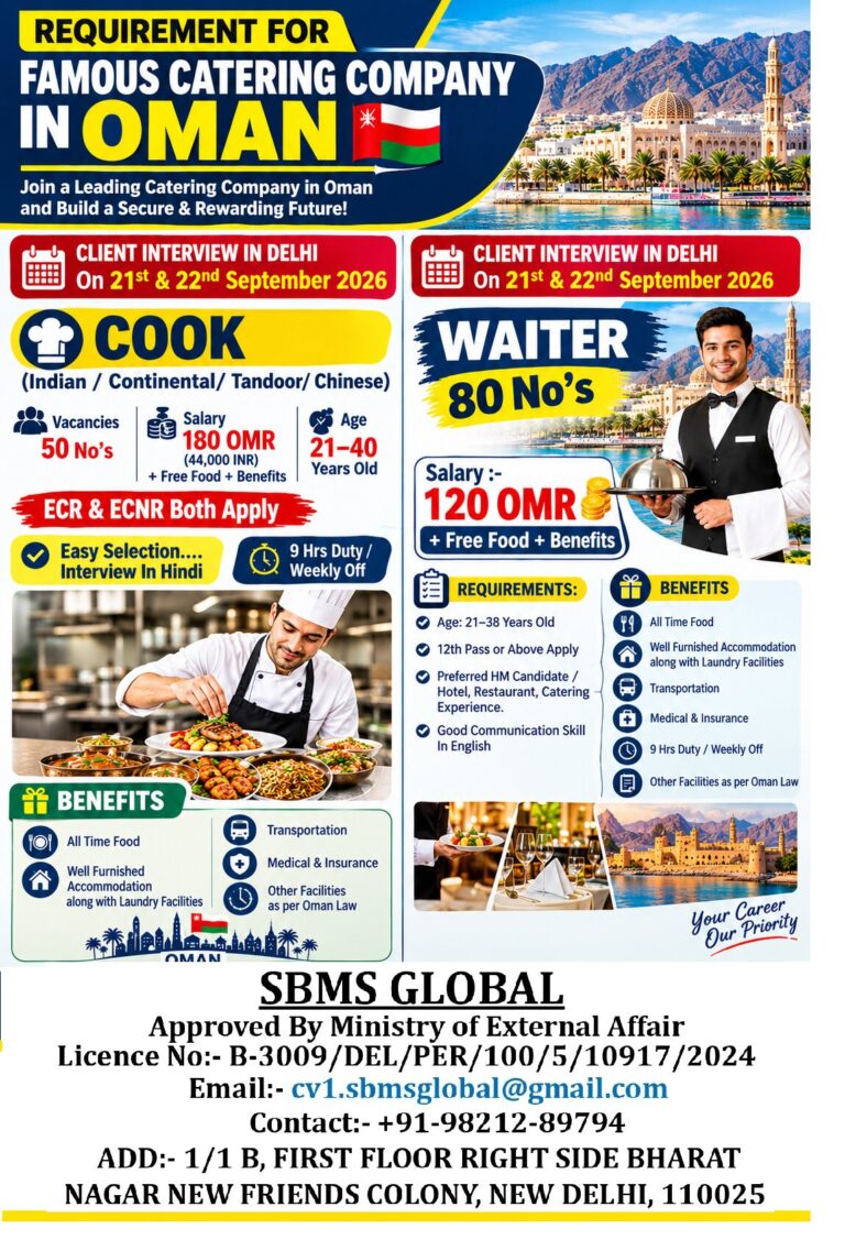 Oman Catering Job Vacancy – SBMS Global Delhi