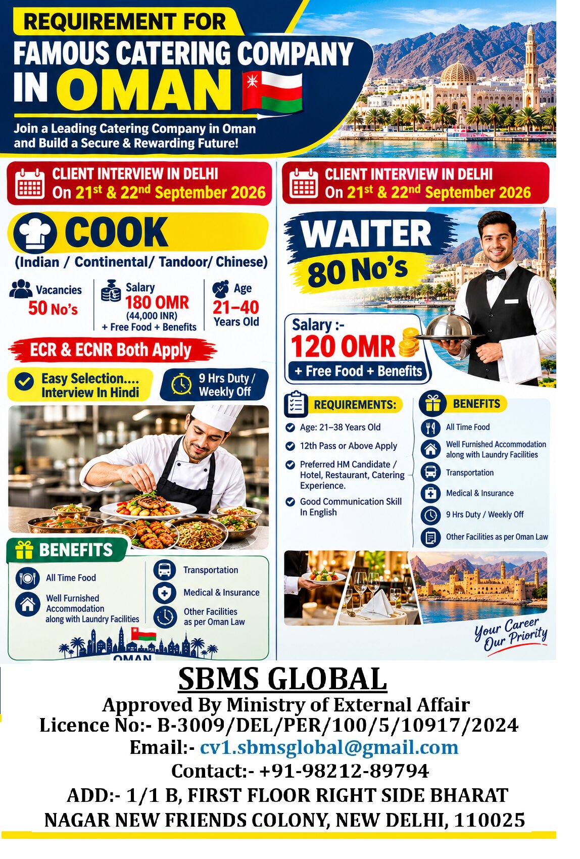 Oman Catering Job Vacancy – SBMS Global Delhi