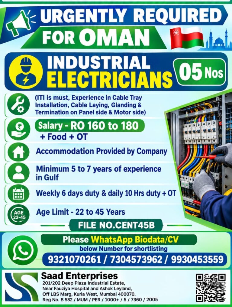 Oman Job Vacancy - Industrial Electrician at Saad Enterprises 8 Oman Job Vacancy – Industrial Electrician at Saad Enterprises