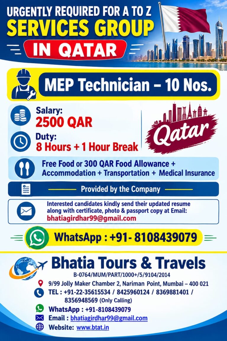 URGENTLY REQUIRED FOR A TO Z SERVICES GROUP IN QATAR