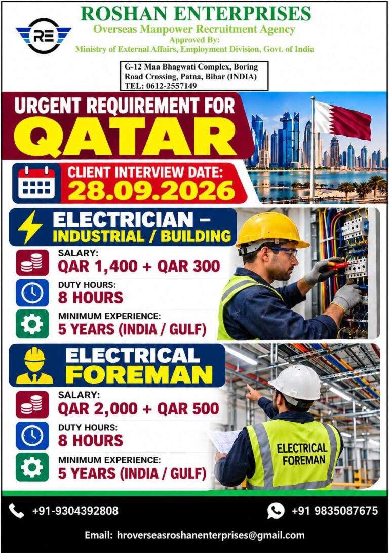 Qatar Job Vacancy – Urgent Hiring at Roshan Enterprises
