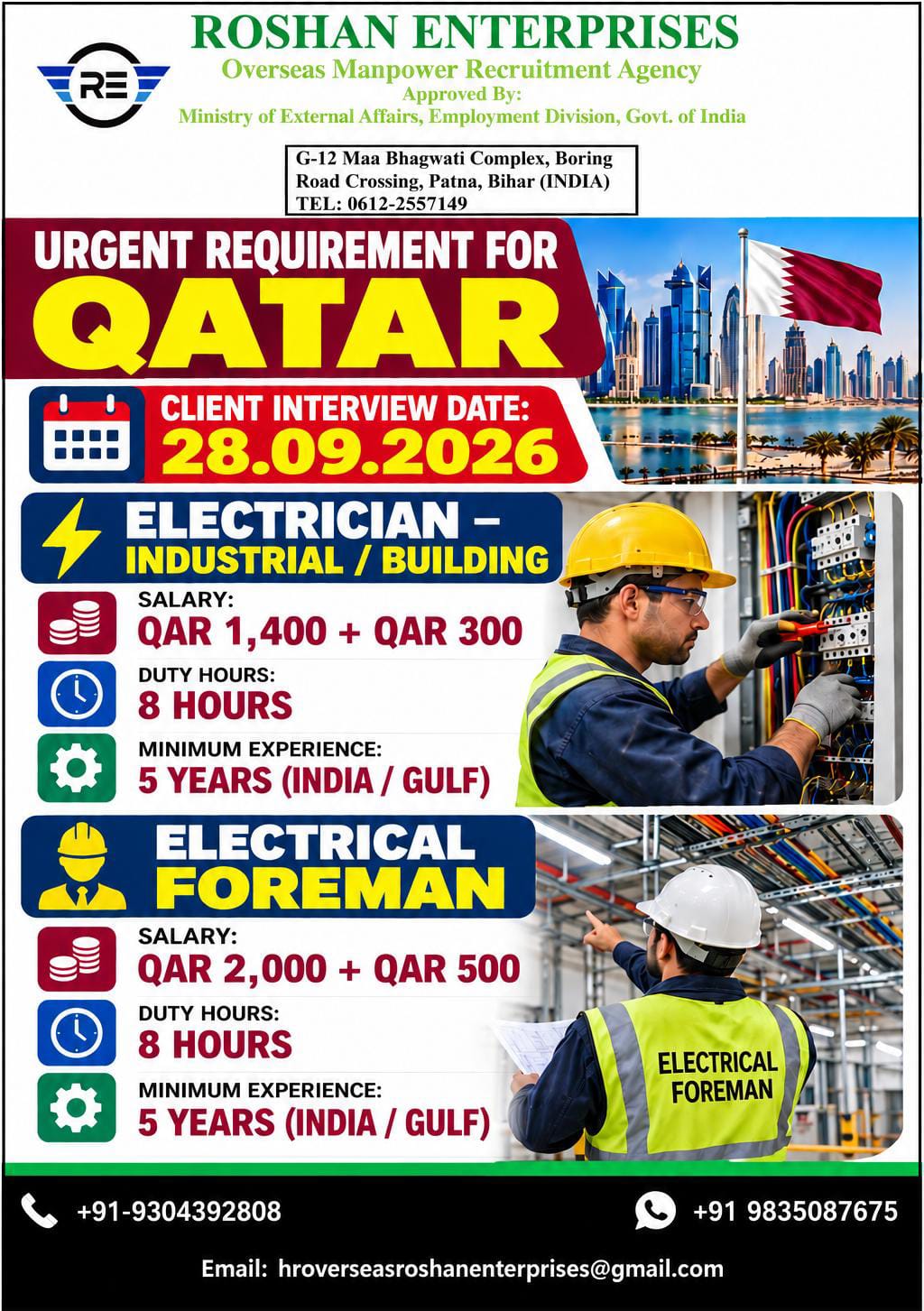 Qatar Job Vacancy – Urgent Hiring at Roshan Enterprises