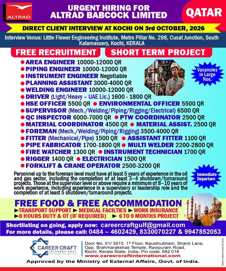 Qatar Jobs Urgent Hiring at Altrad Babcock Limited