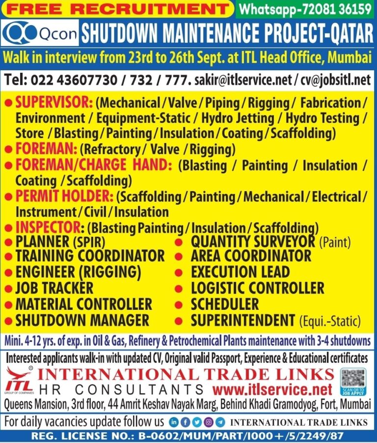 Qatar Shutdown Jobs 2024 – Free Recruitment at ITL Trade Links
