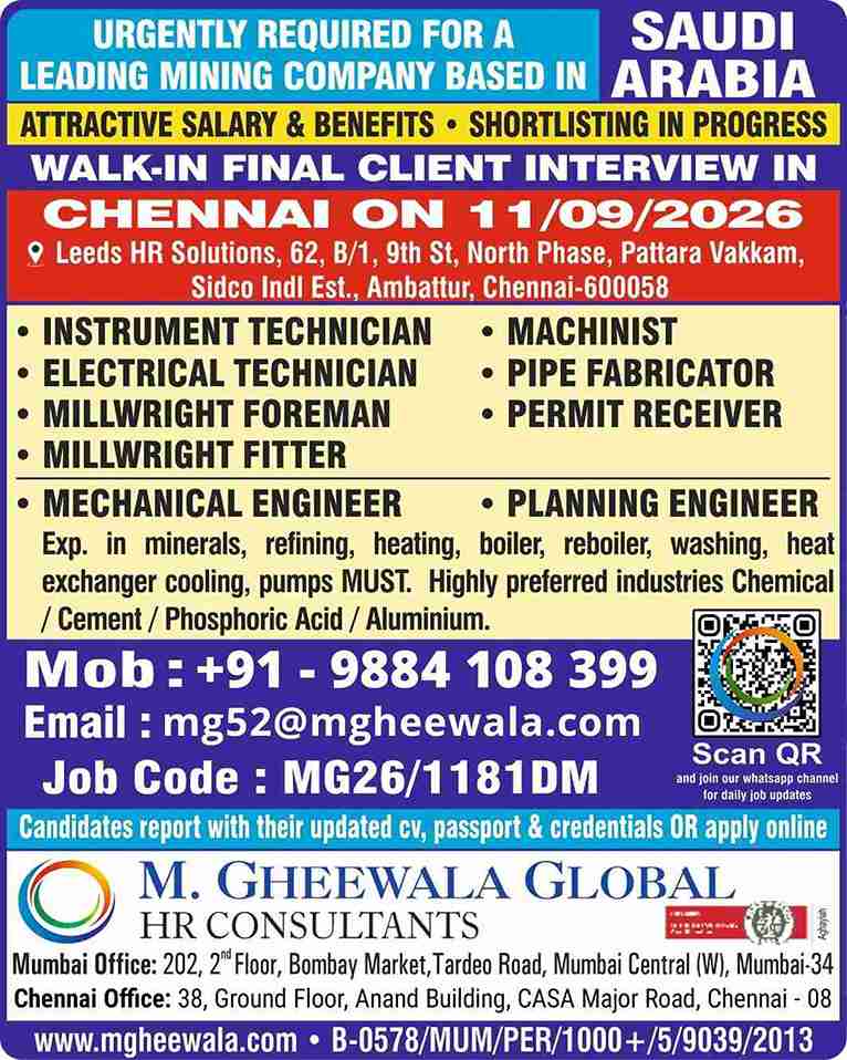 Saudi Arabia Job Vacancy – Walk-In Interview in Chennai