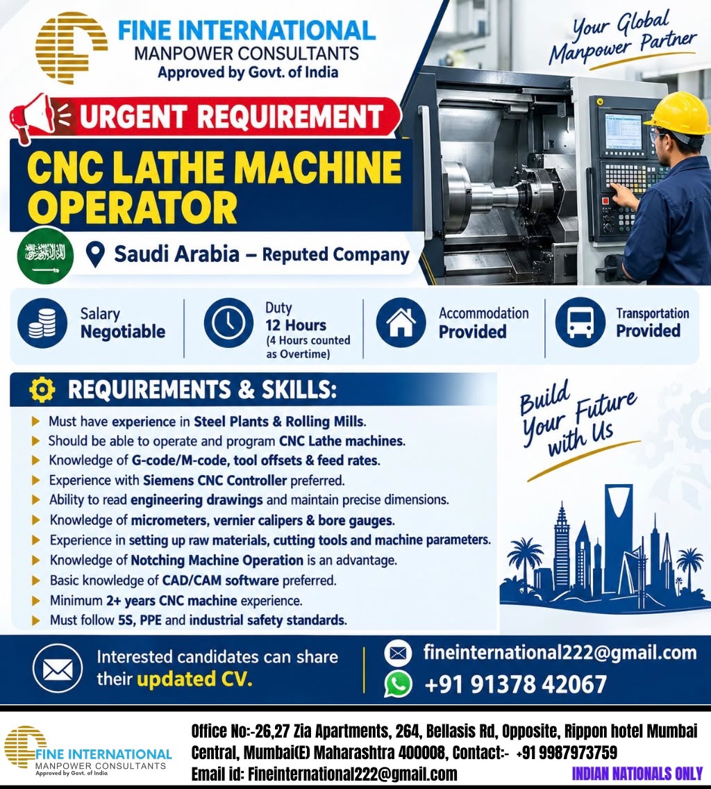 Saudi Arabia Job Vacancy – CNC Machine Operator Jobs
