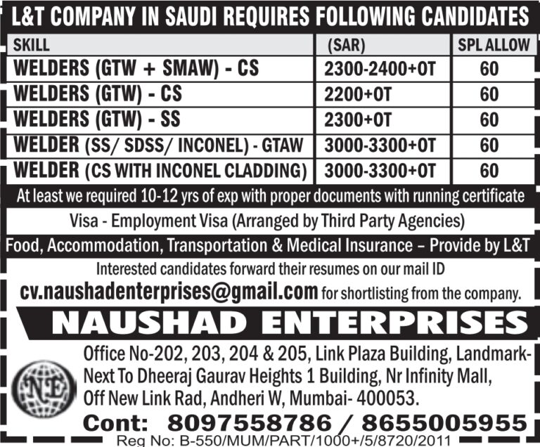 Saudi Arabia Job Vacancy – L&T Company Hiring Welders