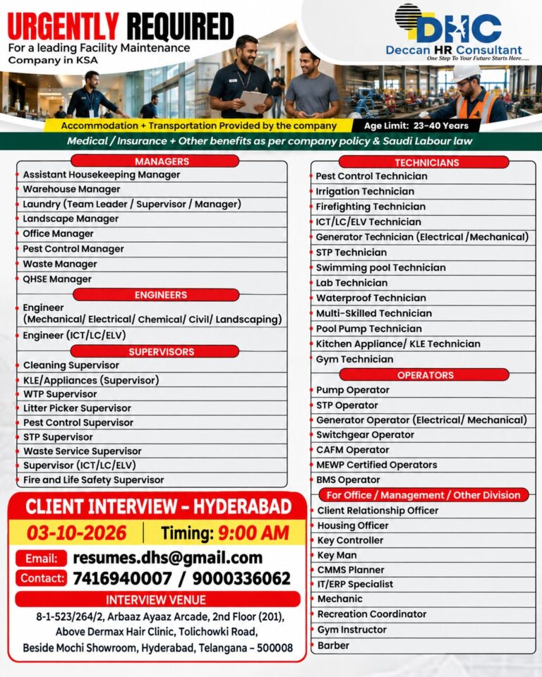 Saudi Arabia Facility Maintenance Jobs – Deccan HR Consultant