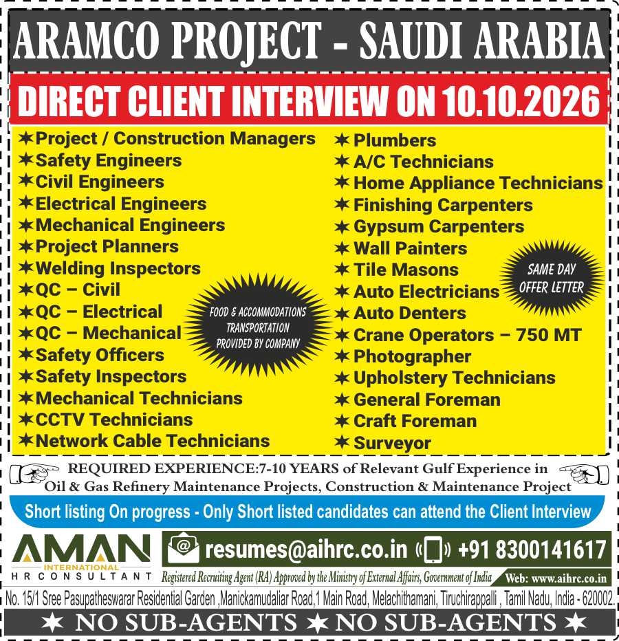 Saudi Arabia Job Vacancy – Direct Client Interview