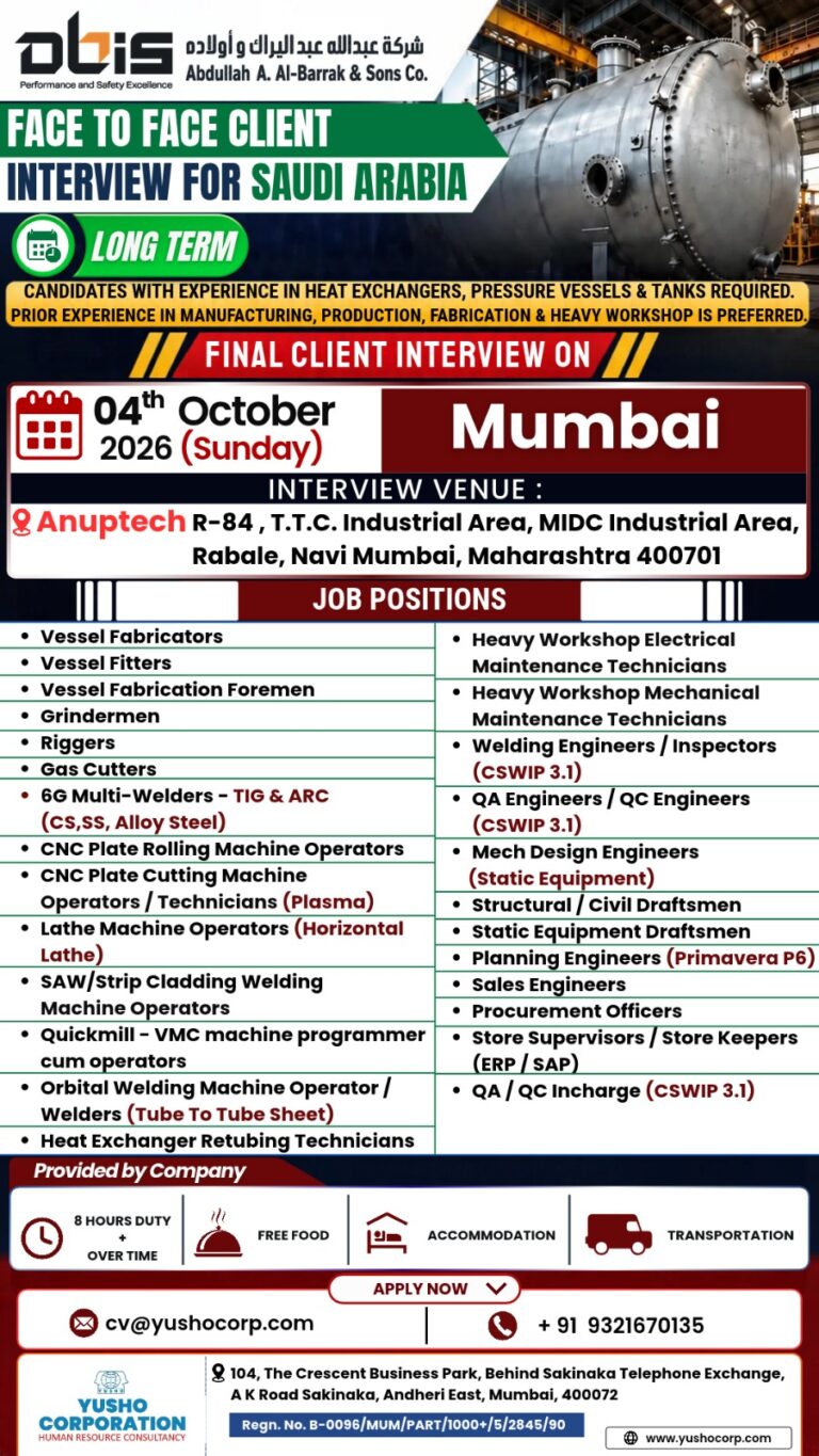 Saudi Arabia Job Vacancy – Final Client Interview by Yusho Corporation