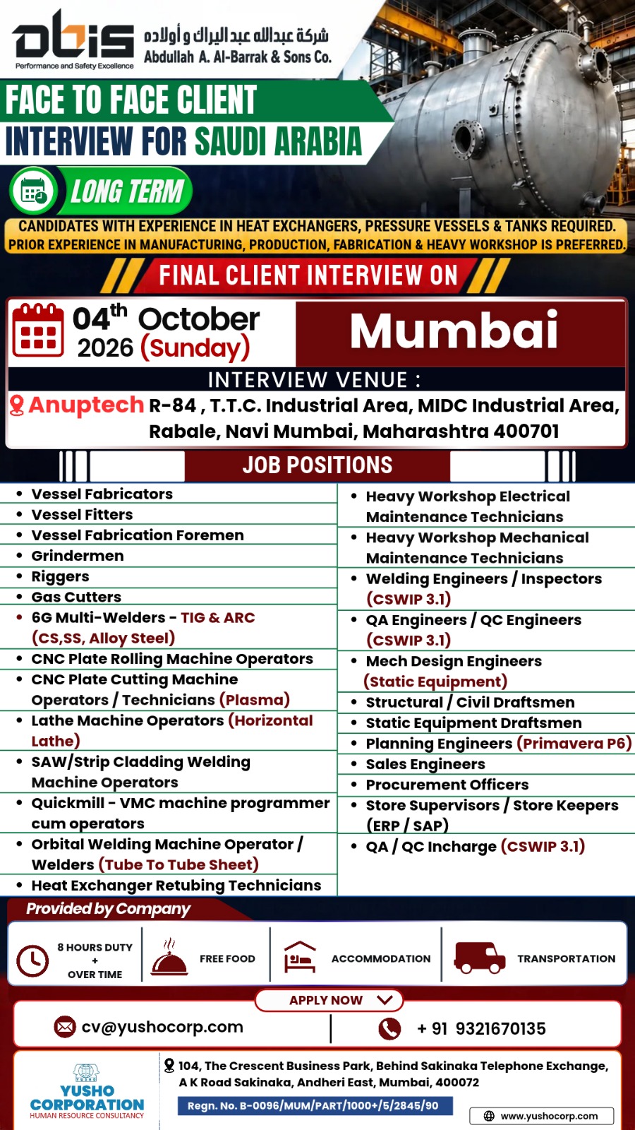 Saudi Arabia Job Vacancy – Final Client Interview by Yusho Corporation