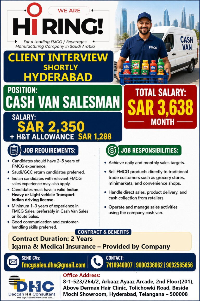 Saudi Arabia Job Vacancy - Cash Van Salesman Jobs at Deccan HR 1 Saudi Arabia Job Vacancy – Cash Van Salesman Jobs at Deccan HR