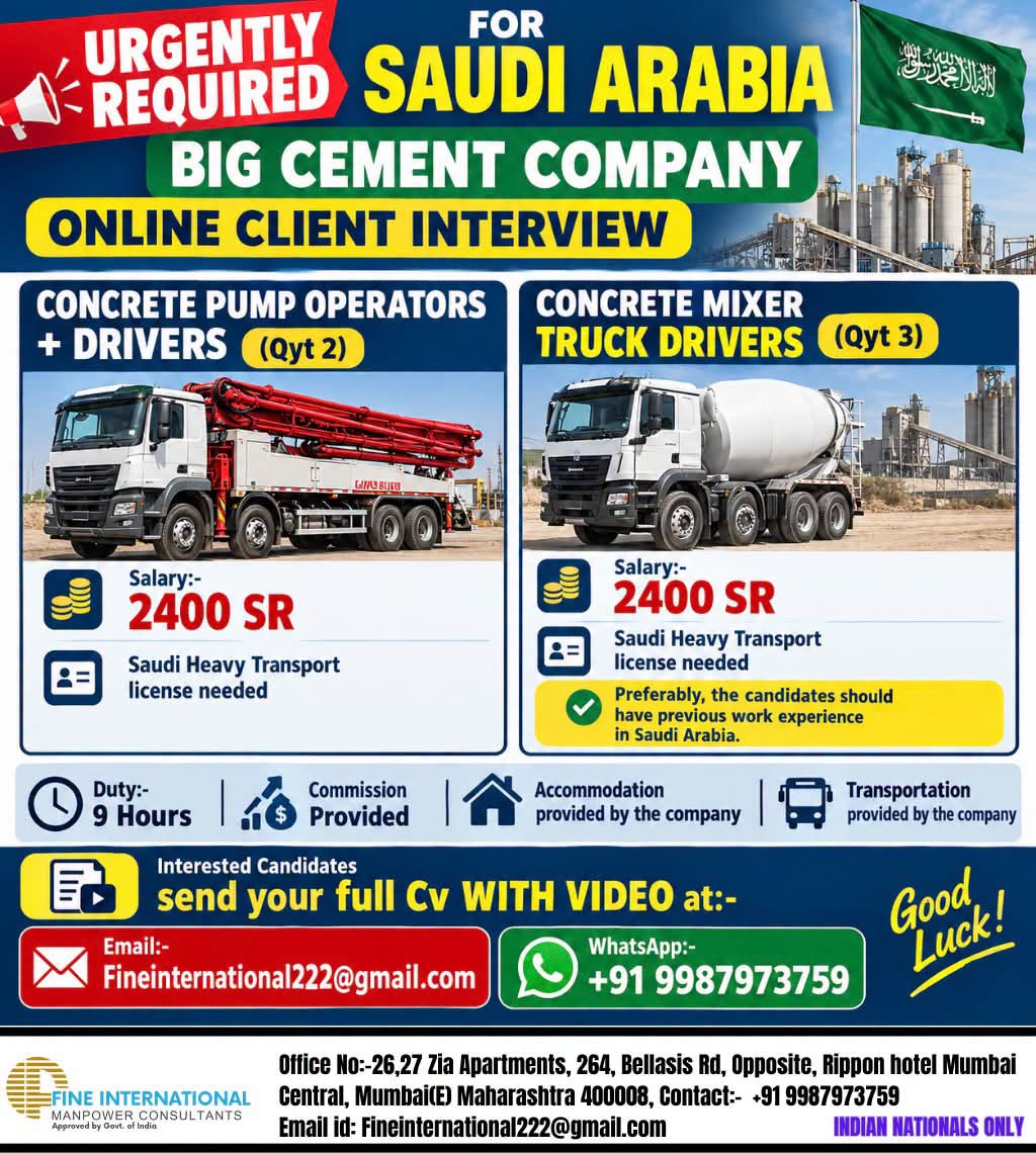 Saudi Arabia Jobs – Concrete Pump Operators and Drivers