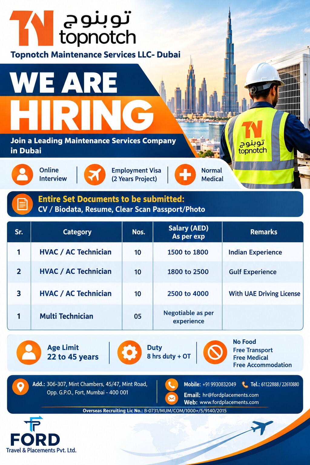Topnotch Maintenance Services LLC Dubai Vacancies – Ford Placements