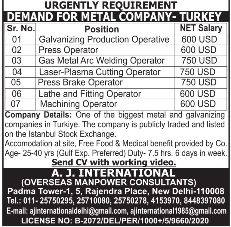 Turkey Job Vacancy – Urgent Hiring at A.J. International