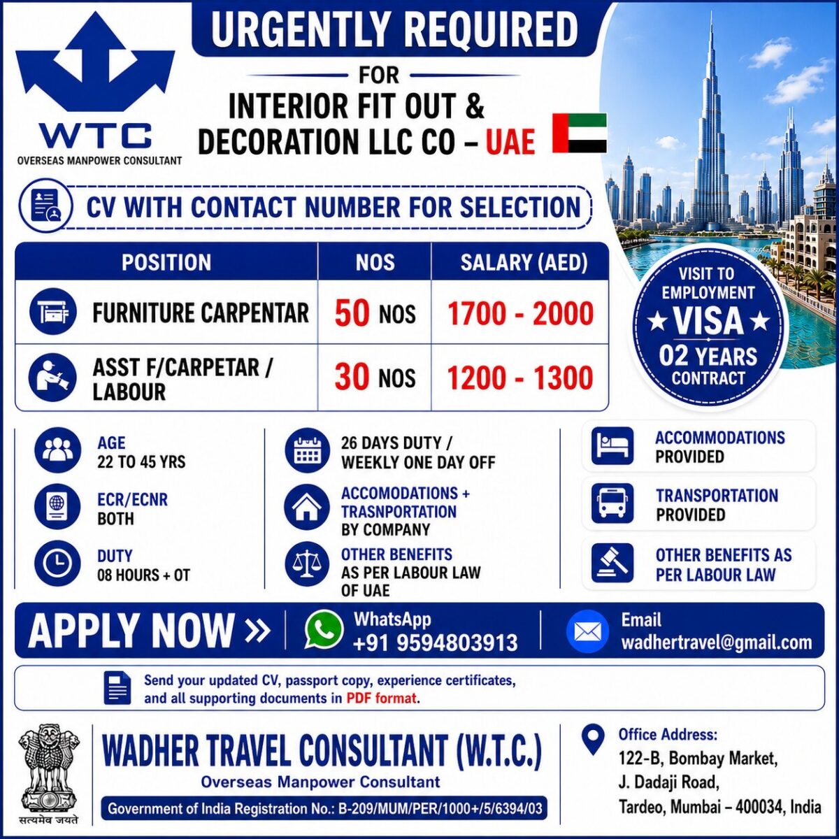 UAE Job Vacancy – Urgent Hiring for Interior Fit Out
