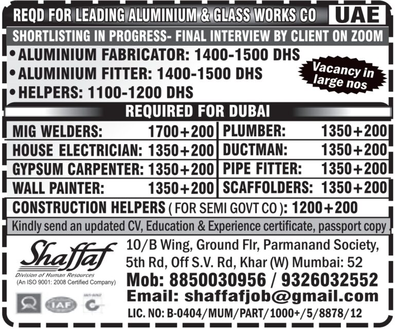 UAE Job Vacancy – Aluminium Works and Construction Jobs at Shaffaf