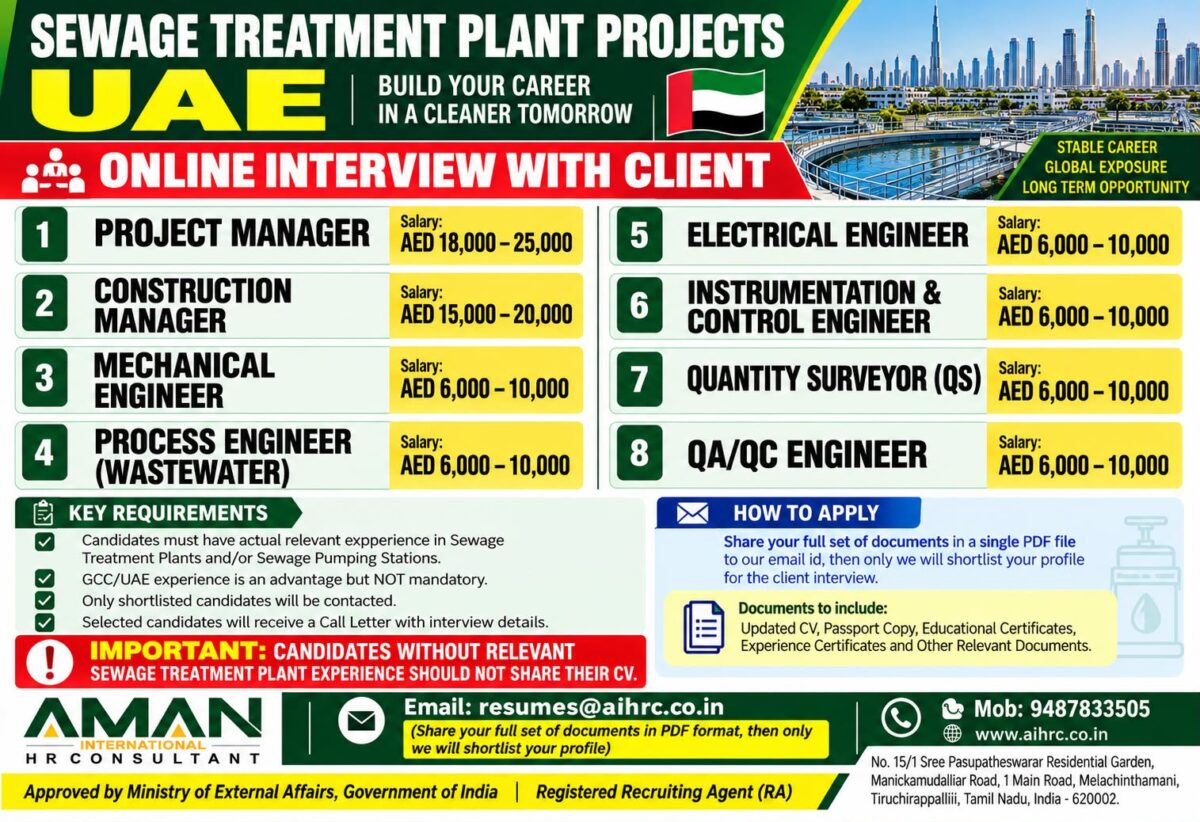 UAE Job Vacancy – Urgent Hiring for Sewage Treatment Plant Projects
