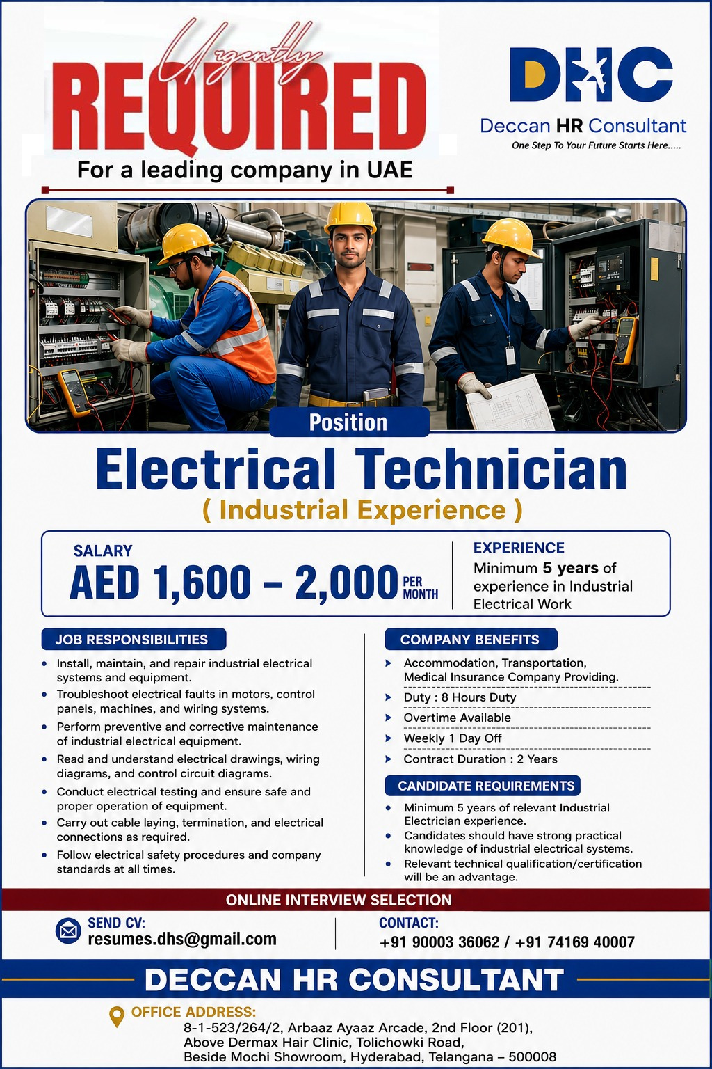 UAE Job Vacancy – Electrical Technician Jobs at Deccan HR