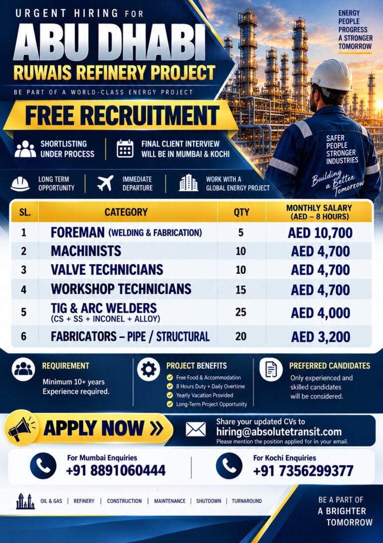 UAE Job Vacancy – Free Recruitment for Abu Dhabi Ruwais Refinery Project