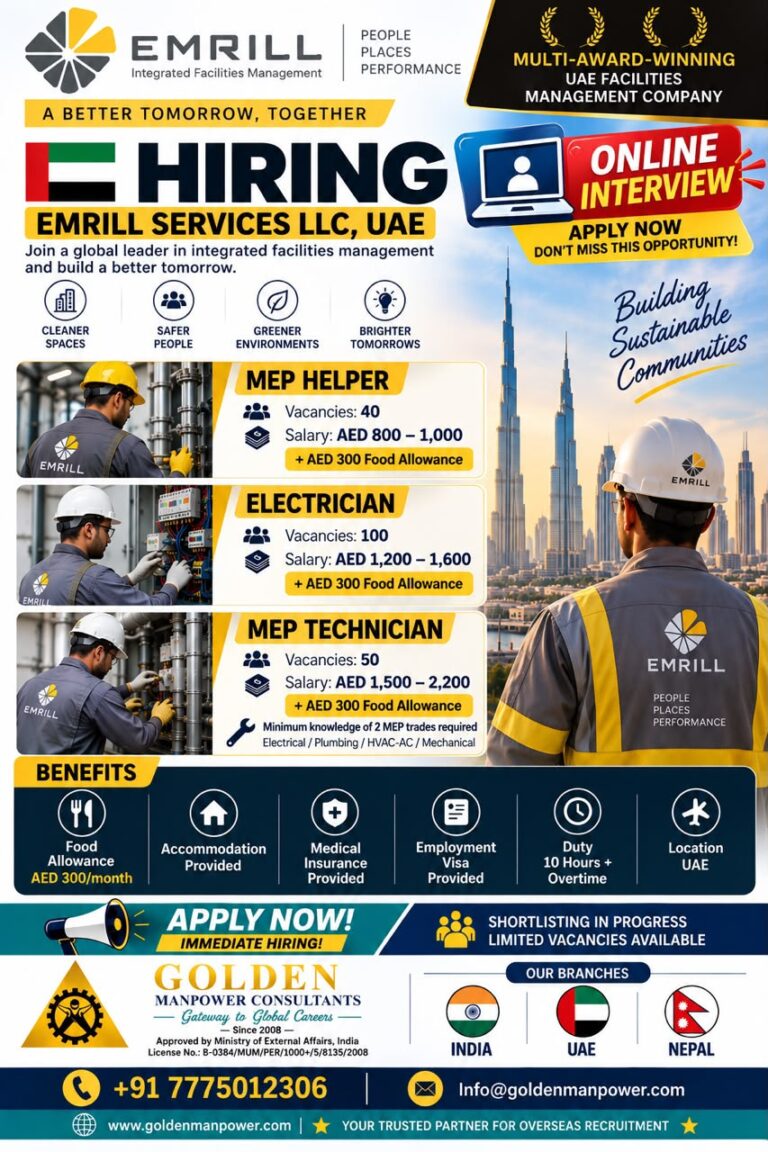 UAE Job Vacancy – Urgent Hiring at Golden Manpower Consultants