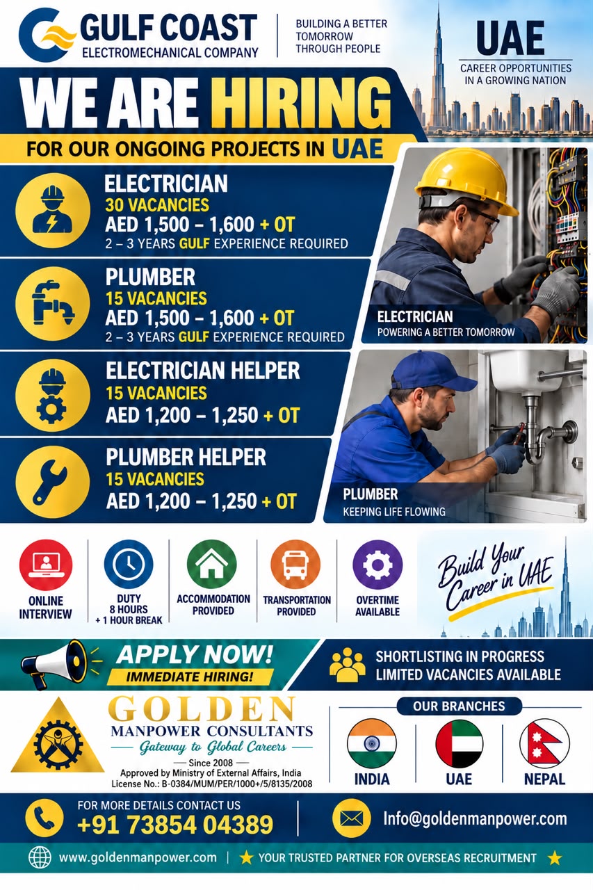 UAE Job Vacancy – Urgent Hiring at Golden Manpower