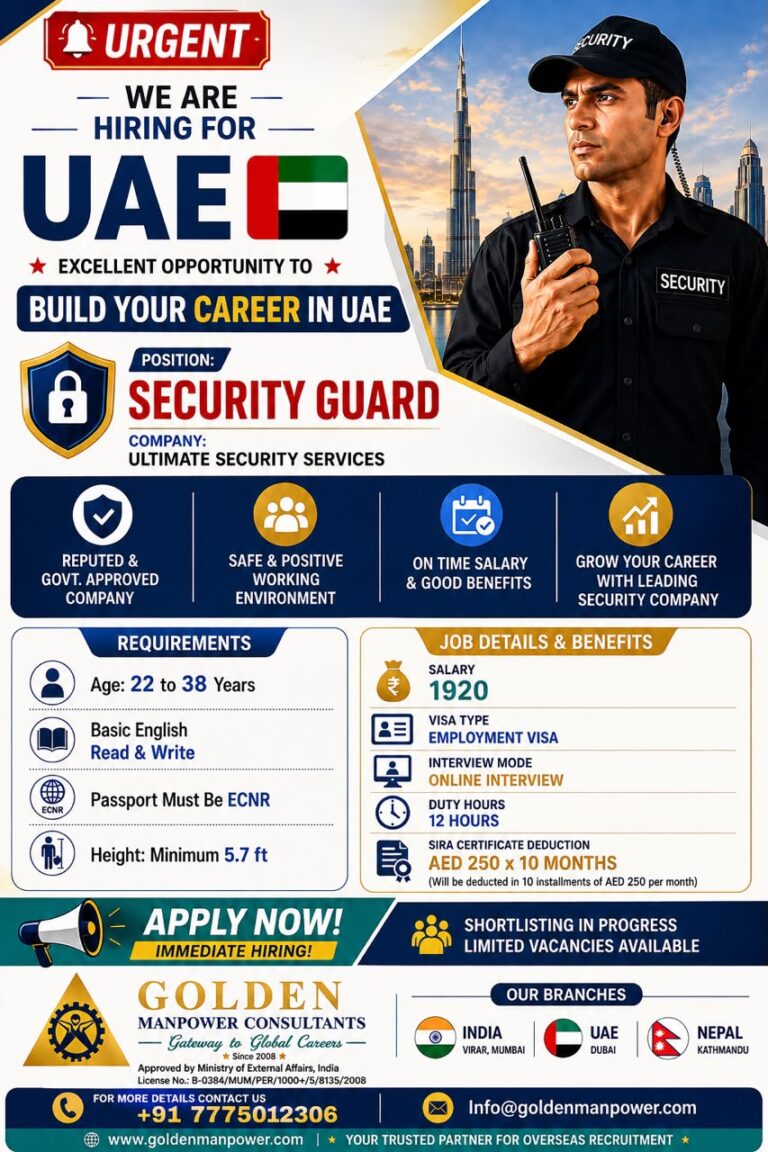 UAE Job Vacancy – Security Guard Hiring at Golden Manpower