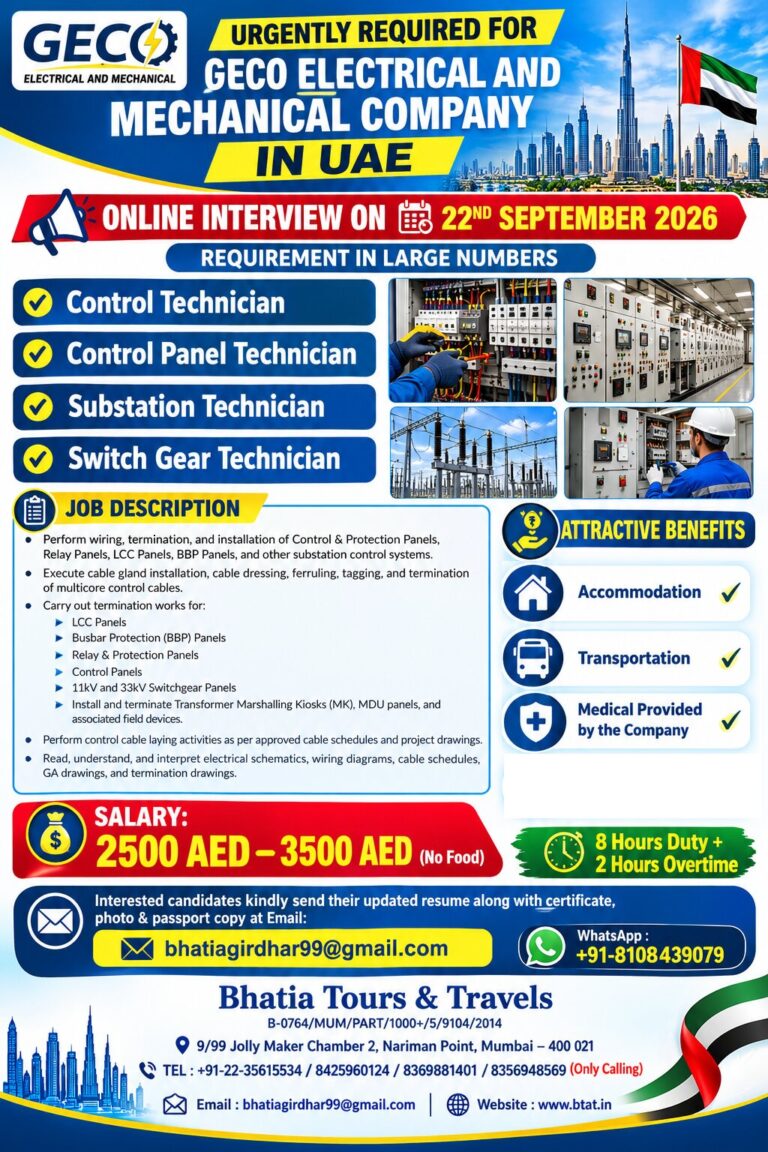 URGENTLY REQUIRED FOR GECO ELECTRICAL AND MECHANICAL COMPANY IN UAE