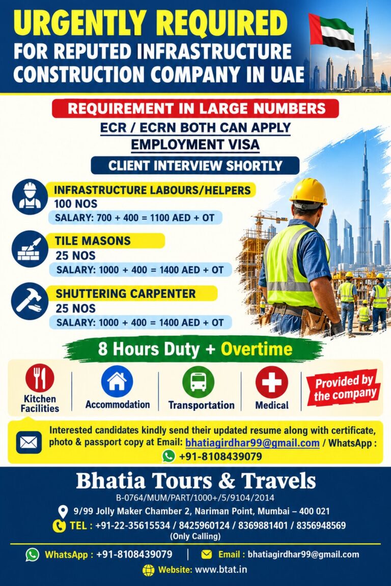 URGENTLY REQUIRED FOR REPUTED INFRASTRUCTURE CONSTRUCTION COMPANY IN UAE