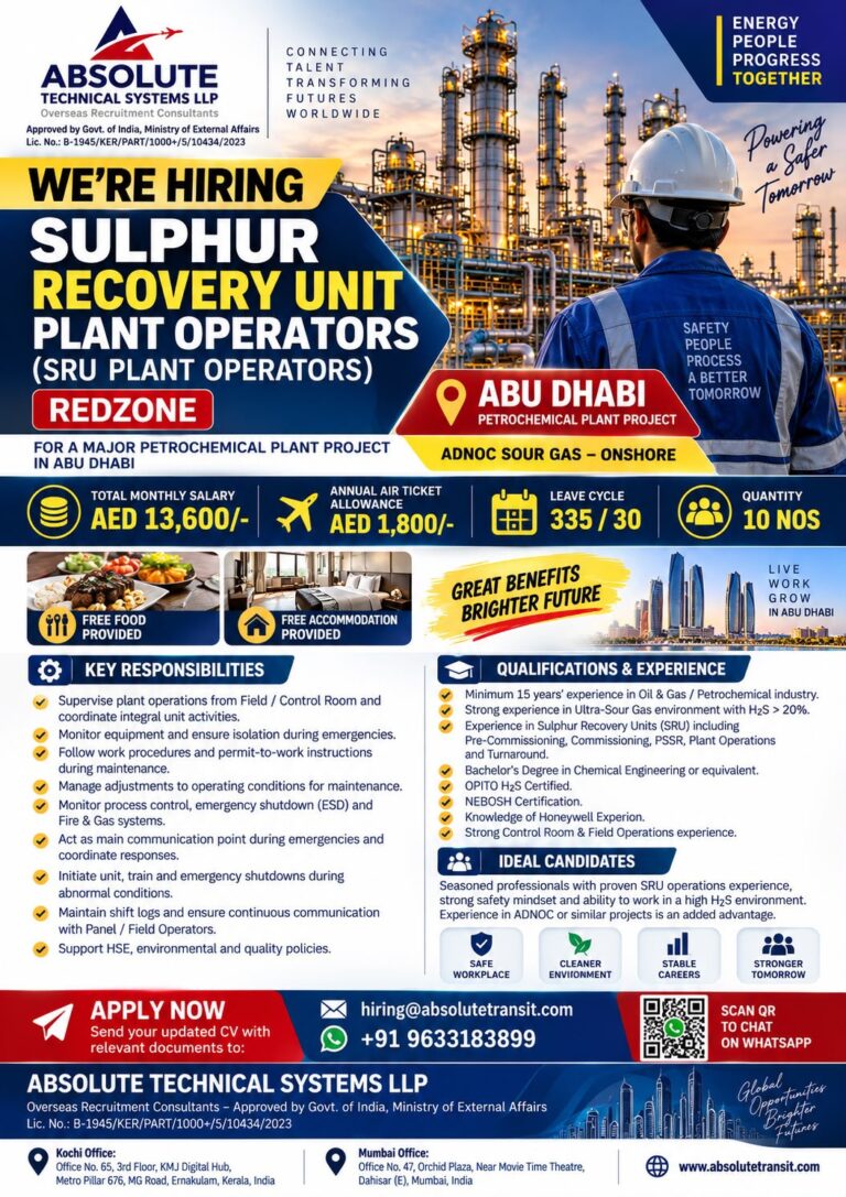 UAE Job Vacancy - Sulphur Recovery Unit Plant Operators 4 UAE Job Vacancy – Sulphur Recovery Unit Plant Operators