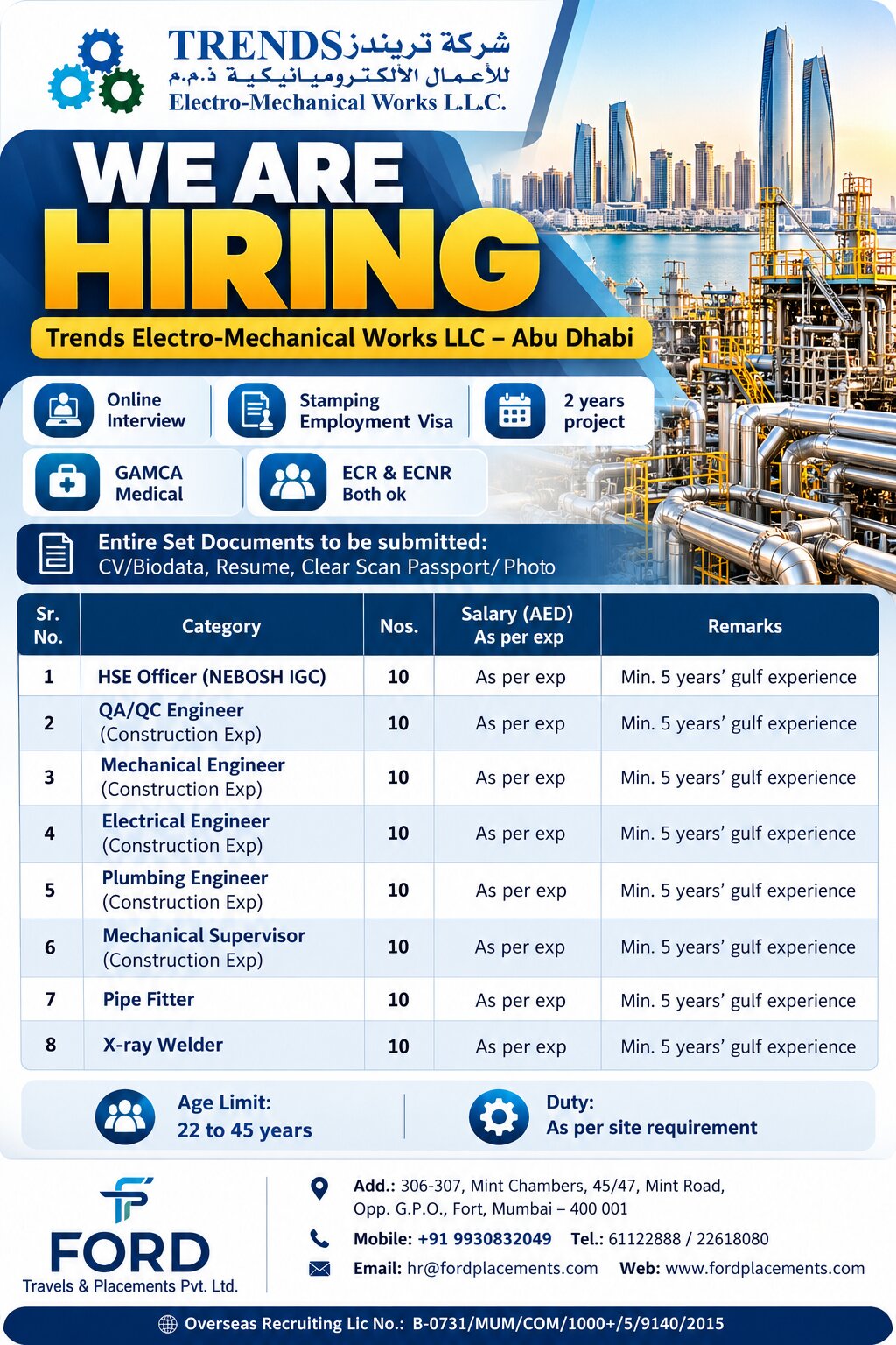 UAE Job Vacancy – Electro-Mechanical Hiring at Ford Travel