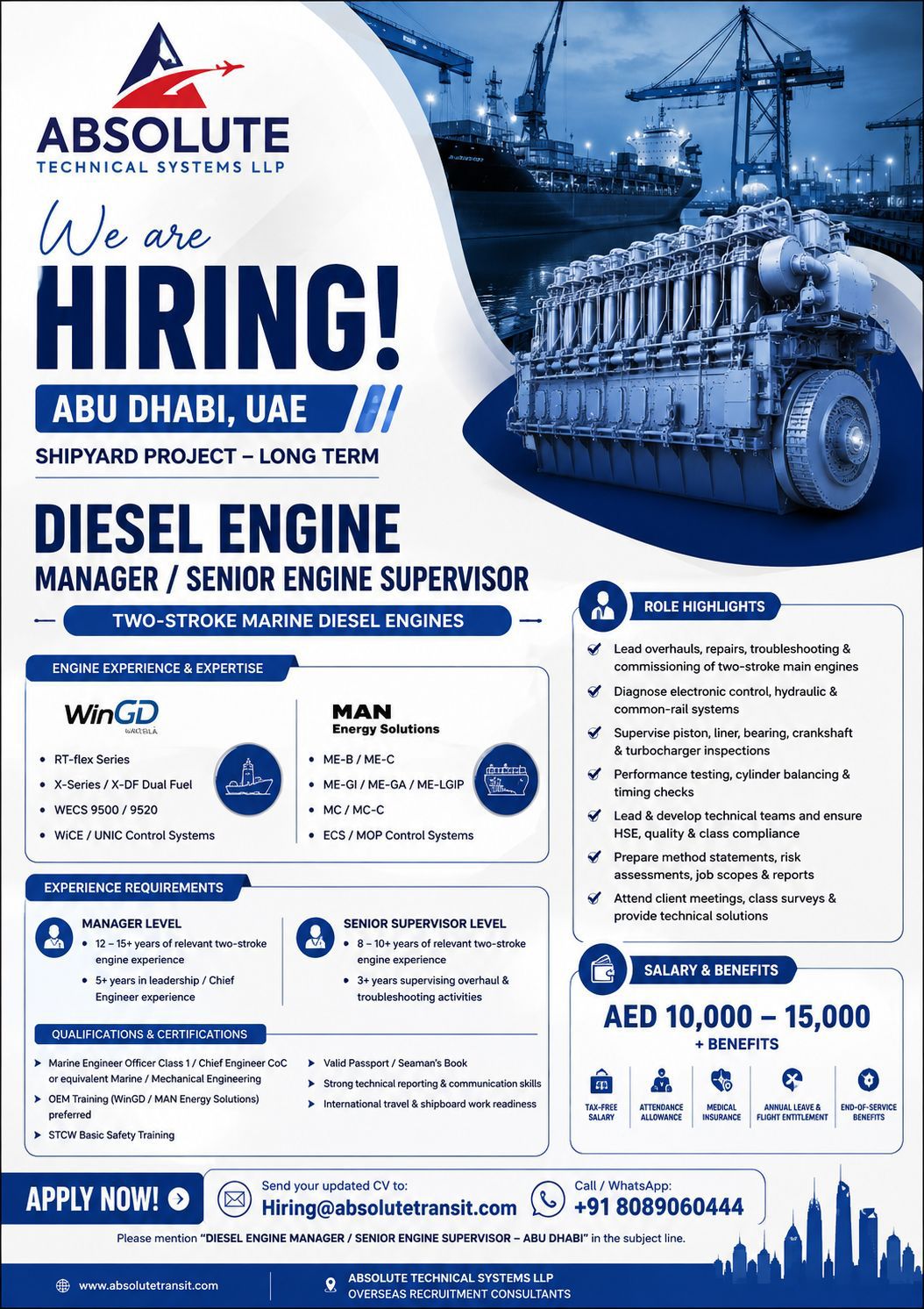 UAE Job Vacancy – Diesel Engine Manager at Absolute Technical Systems