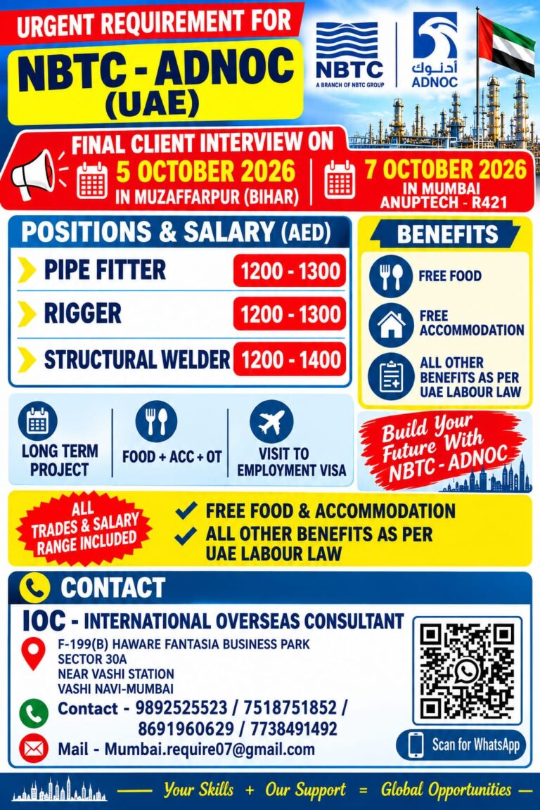 UAE Job Vacancy - NBTC ADNOC Project Hiring 8 UAE Job Vacancy – NBTC ADNOC Project Hiring