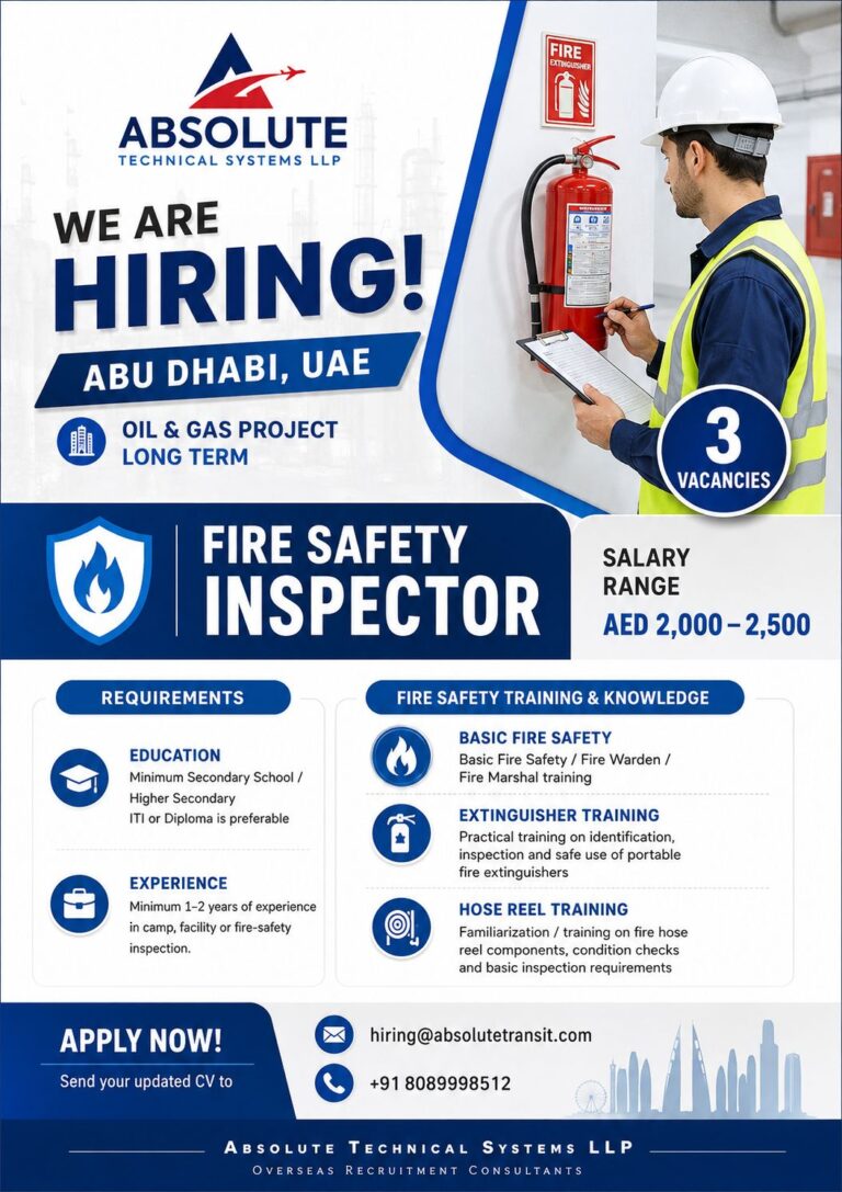 UAE Job Vacancy - Fire Safety Inspector at Absolute Technical Systems 1 UAE Job Vacancy – Fire Safety Inspector at Absolute Technical Systems