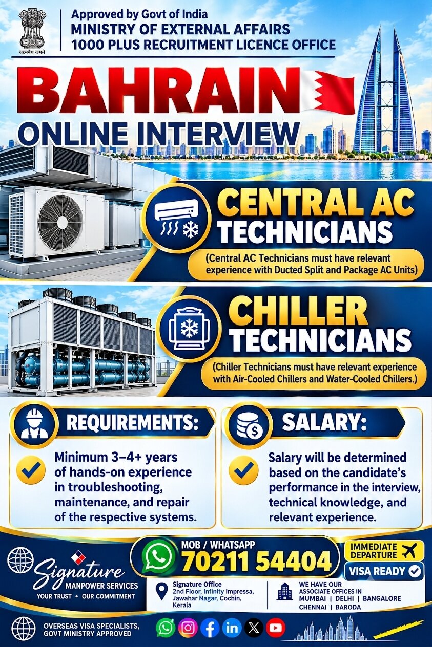 Bahrain Job Vacancy – Urgent Hiring for CENTRAL AC  TECHNICIANS & Chiller Technicians