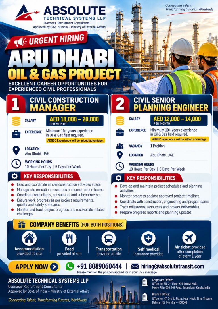 Construction Manager and Planning Engineer Jobs in Abu Dhabi – Urgent Hiring