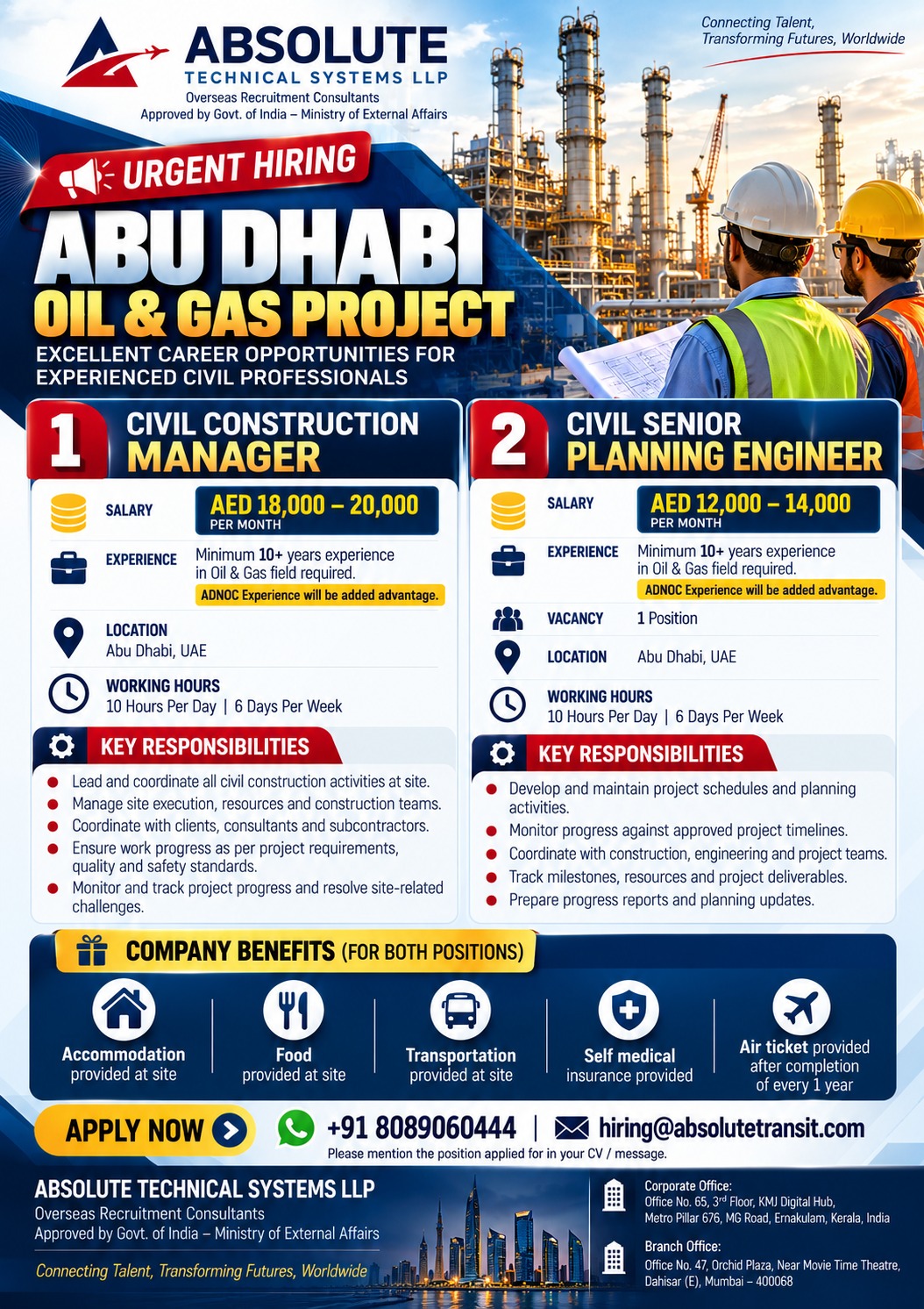 Construction Manager and Planning Engineer Jobs in Abu Dhabi – Urgent Hiring
