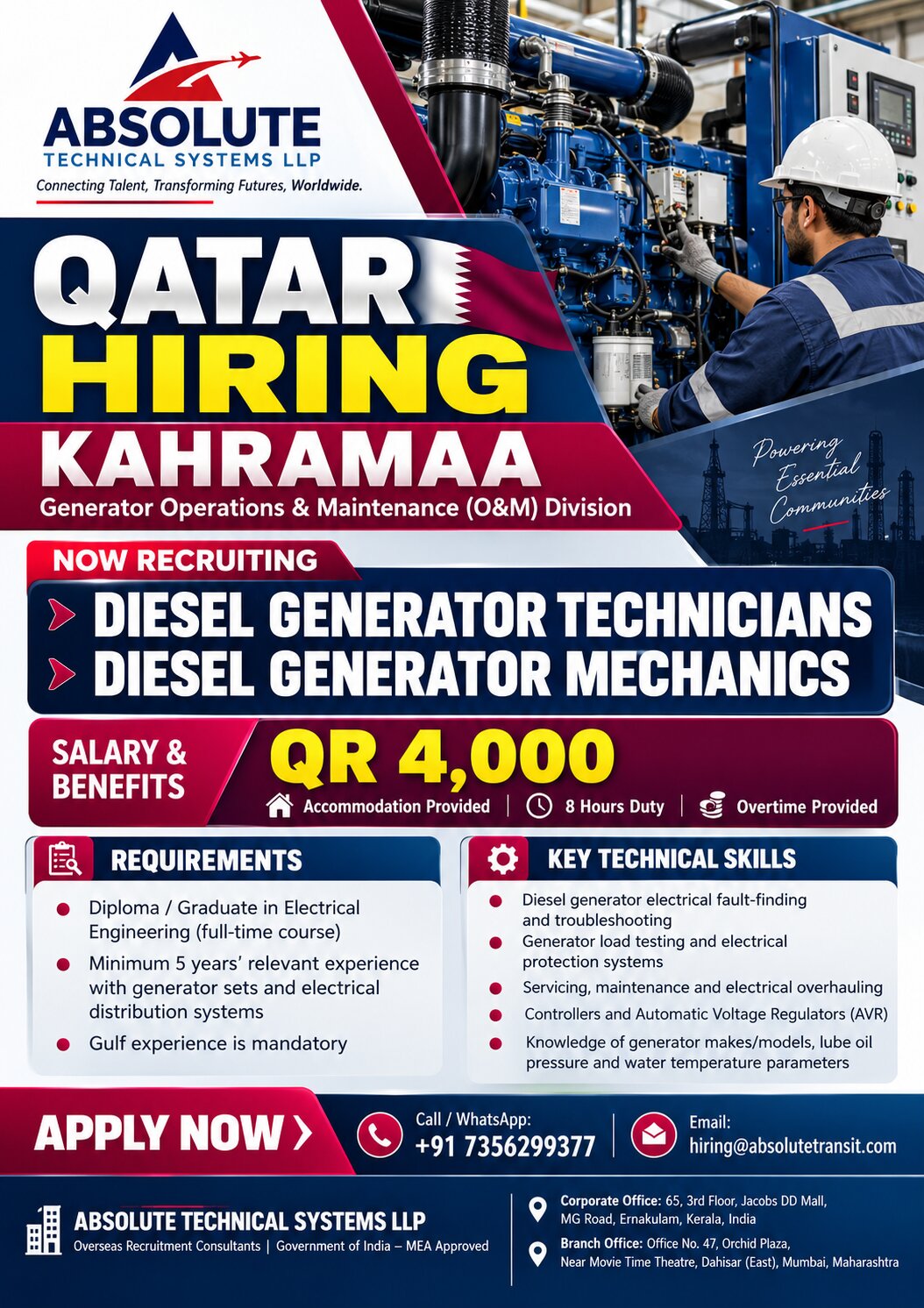 Diesel Generator Technician and Diesel Generator Mechanic Jobs in Qatar