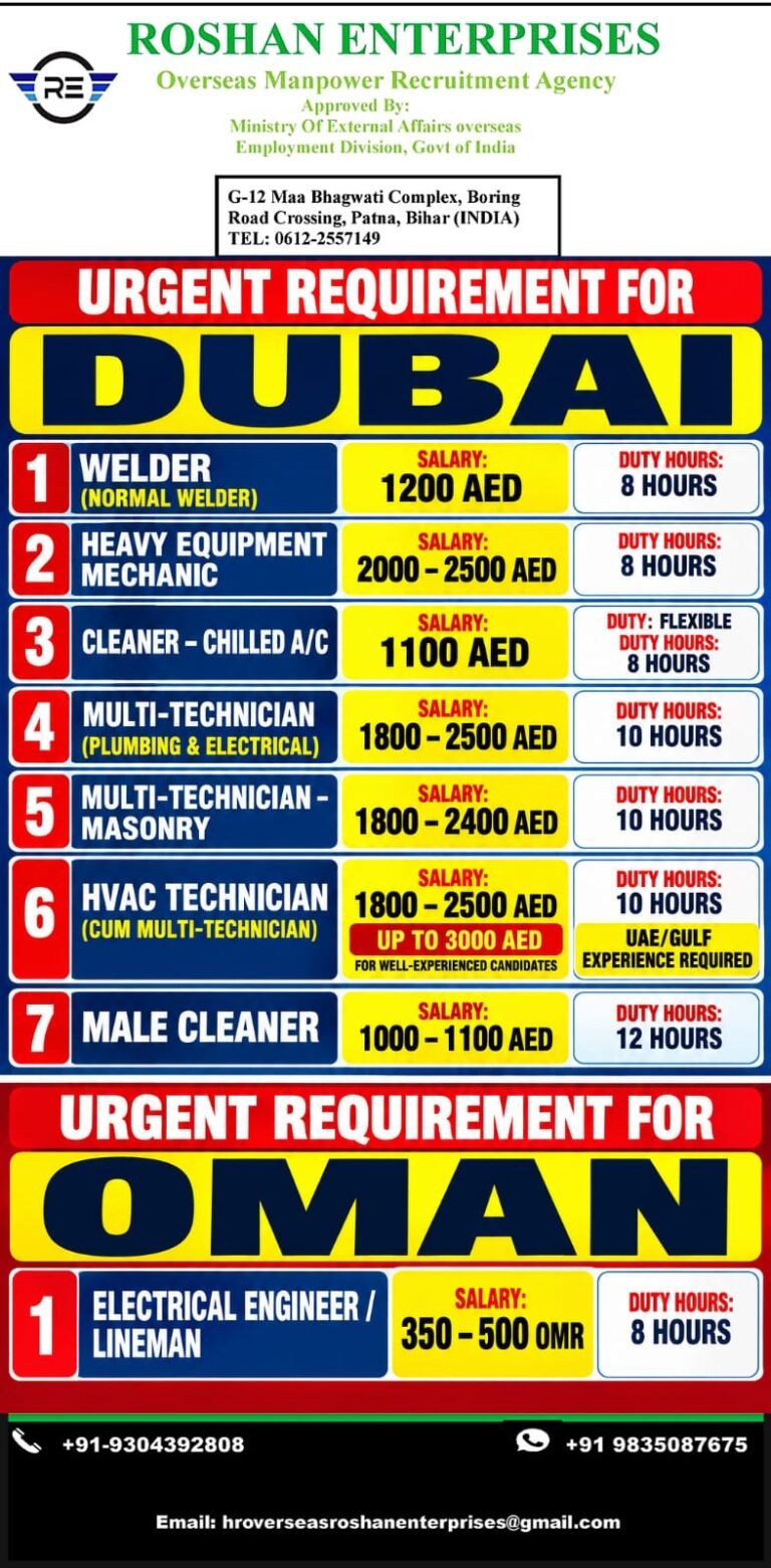 Dubai and Oman Job Vacancy at Roshan Enterprises