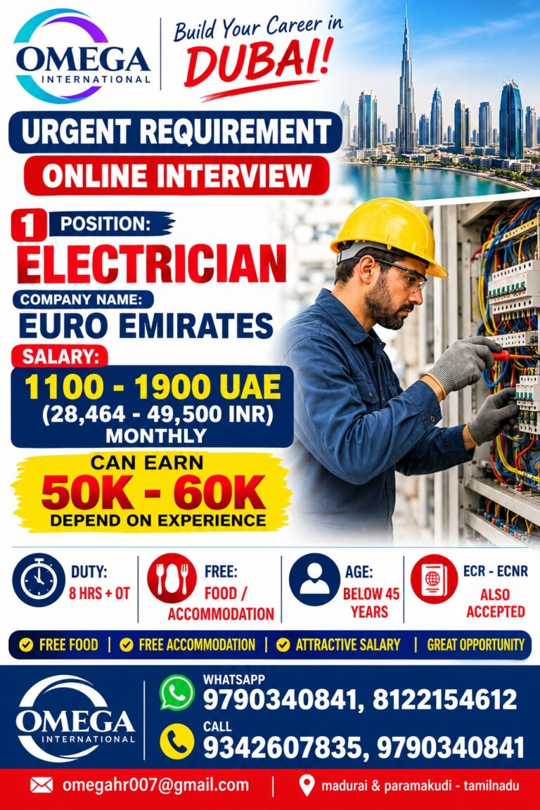 Dubai Electrician Jobs Urgent Recruitment – Omega International