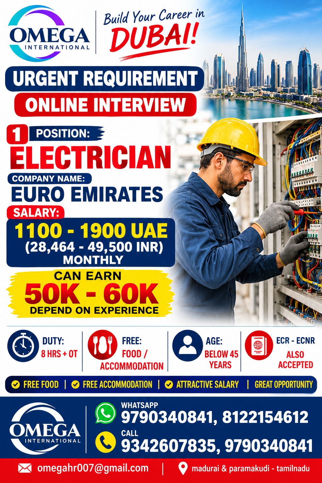 Dubai Electrician Jobs Urgent Recruitment – Omega International