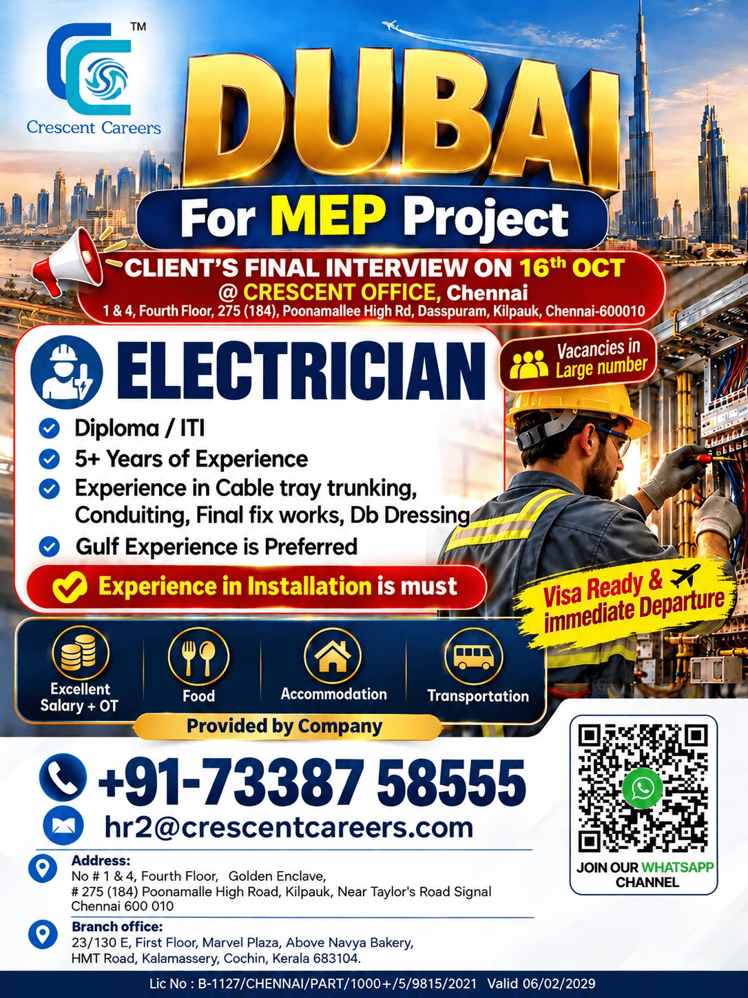 🇦🇪 DUBAI JOB OPPORTUNITY! | ELECTRICIANS WANTED ⚡ – Crescent Careers Chennai