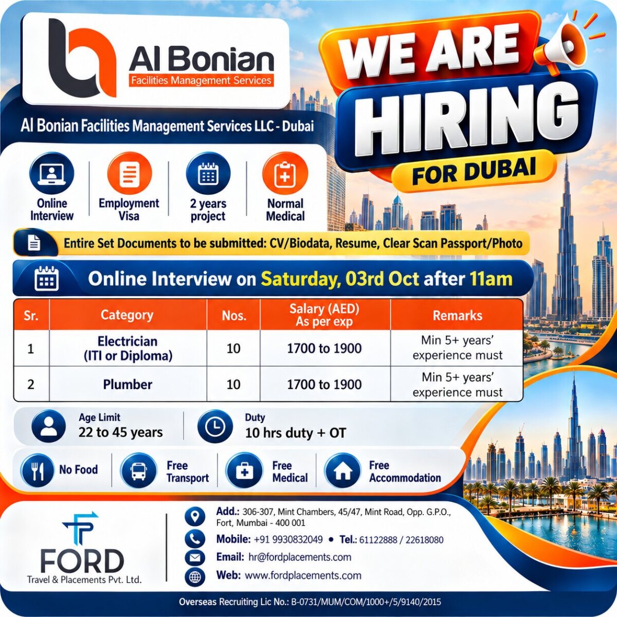 Dubai Job Vacancy – Urgent Hiring for Electrician and Plumber
