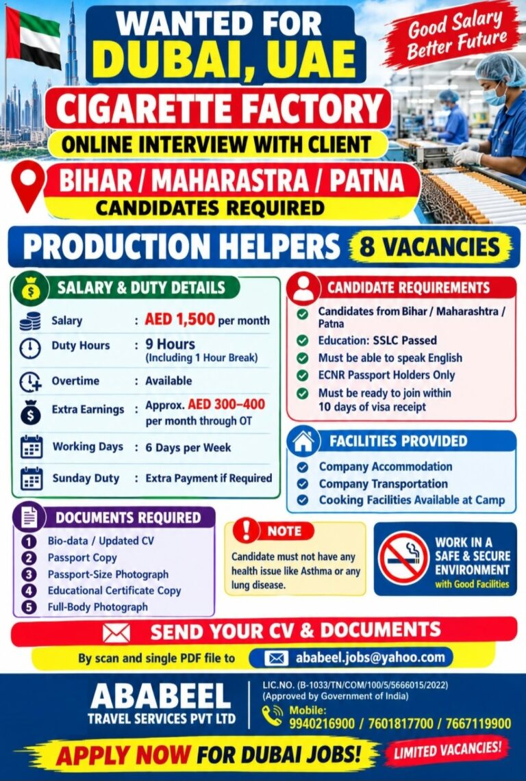 Dubai Job Vacancy – Production Helpers at Ababeel Travel