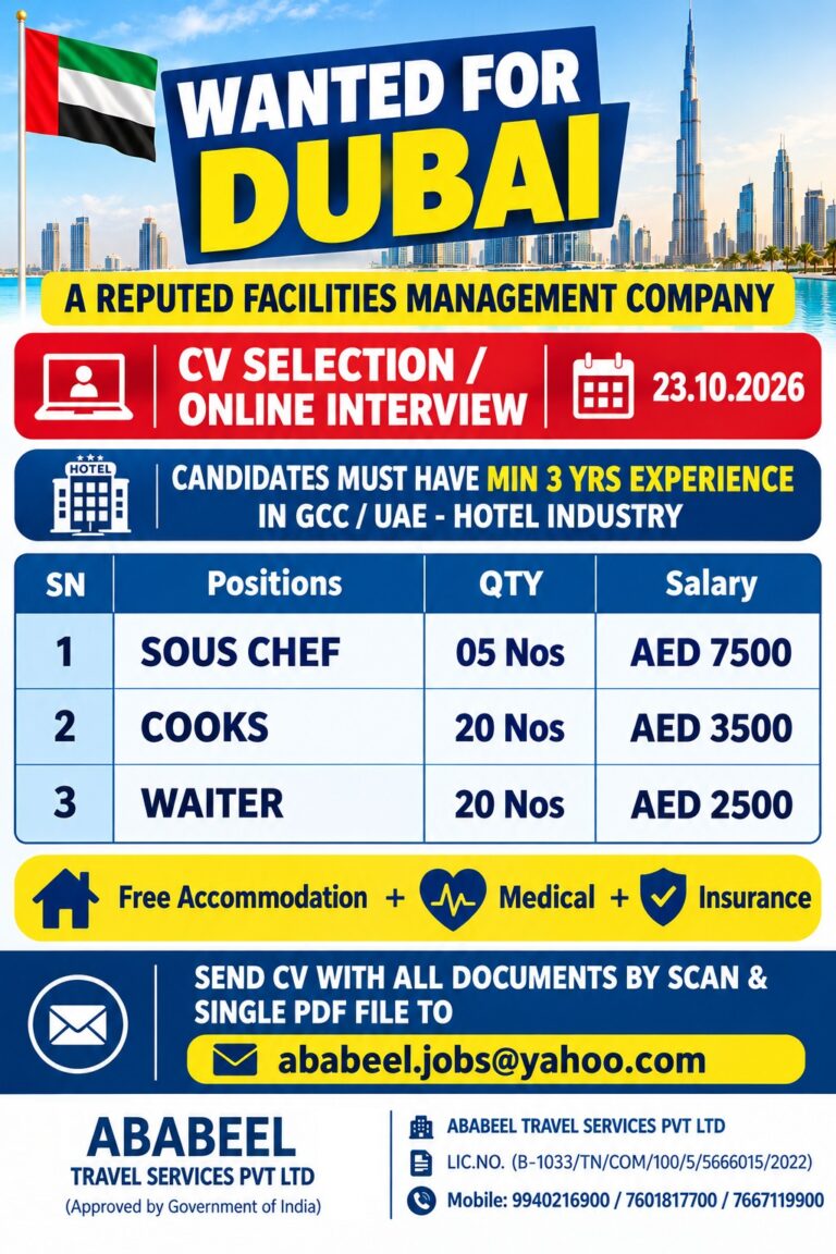 Dubai Job Vacancy – Urgent Hiring for Hotel Industry