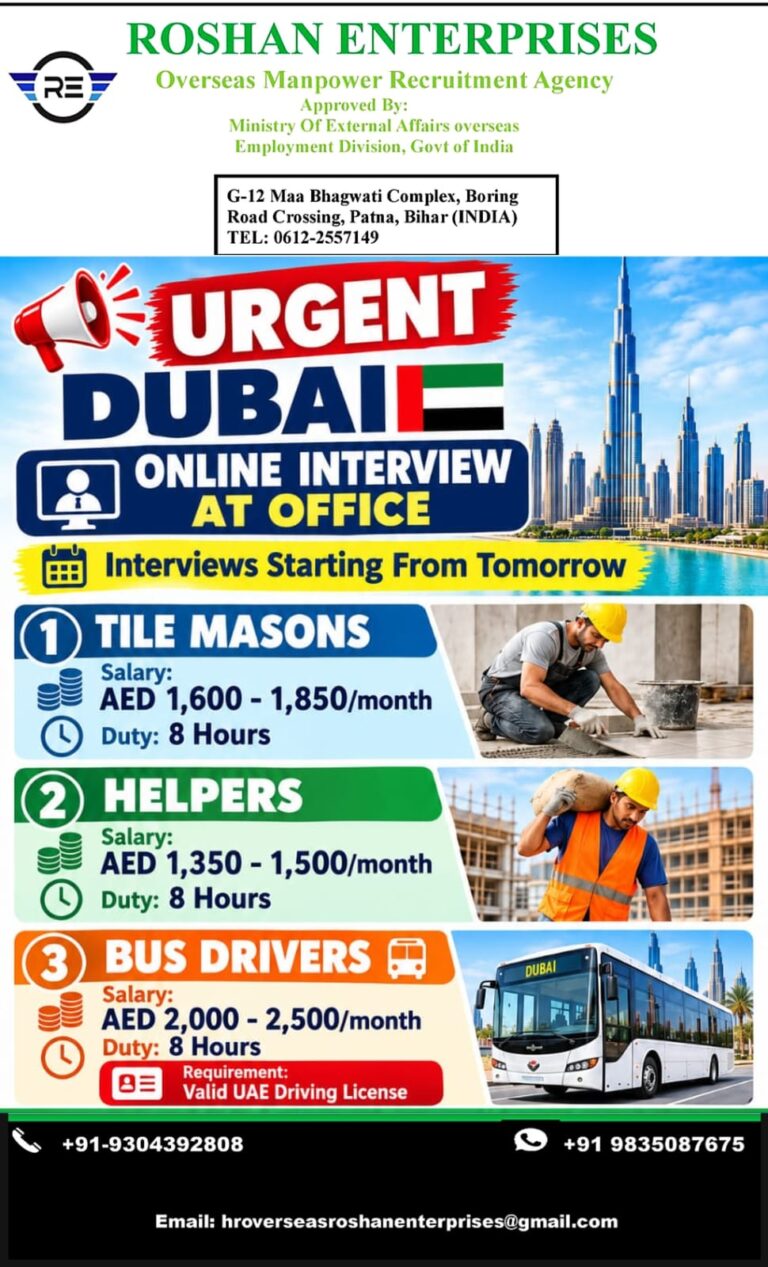 Dubai Job Vacancy – Urgent Hiring at Roshan Enterprises